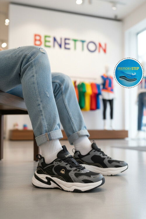 Siyah Beyaz Bağcıklı Memory Foam Unisex Spor Ayakkabı BNI-12089 M