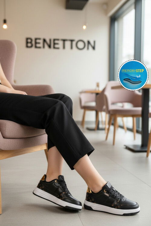 Siyah Beyaz Bağcıklı Cilt Memory Foam Unisex Spor Ayakkabı BNI-12091 G