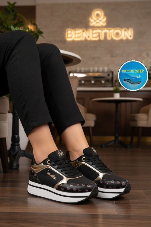 Siyah Beyaz Bağcıklı Cilt Memory Foam Kadın Spor Ayakkabı BNI-12096 G