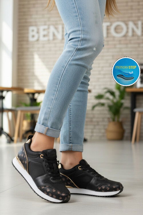 Siyah Beyaz Bağcıklı Cilt Unisex Spor Ayakkabı BNI-12097 G