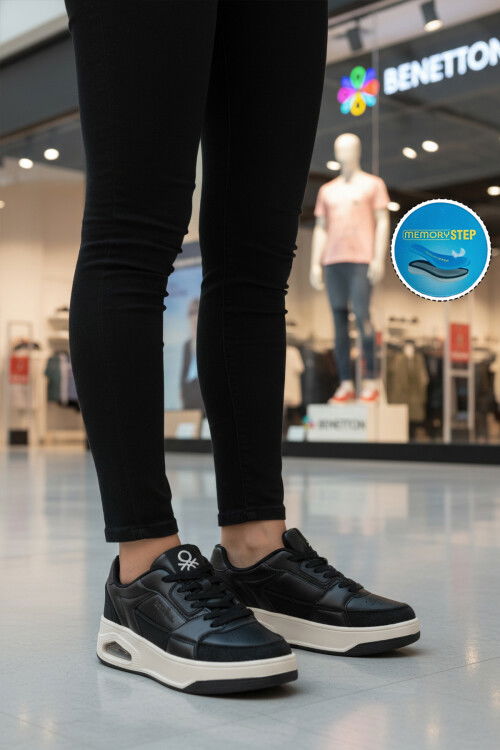 Siyah Beyaz Bağcıklı Cilt Unisex Spor Ayakkabı BNI-12133 G