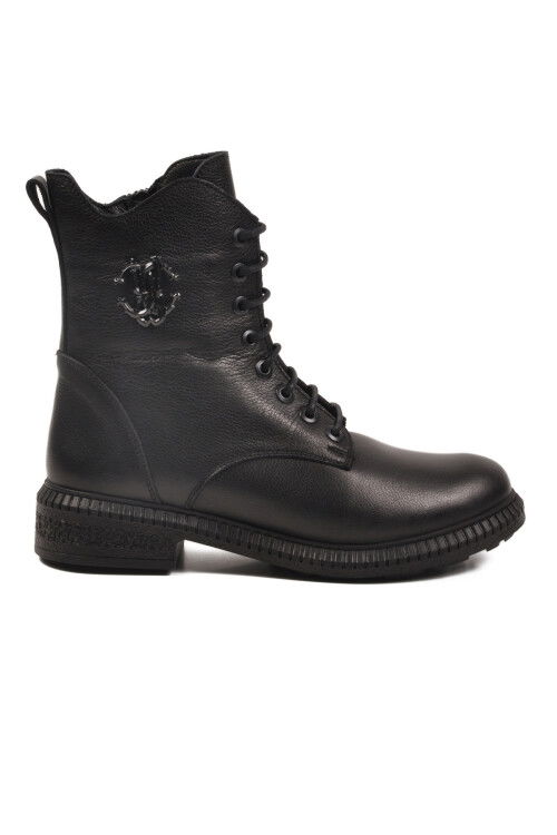 Siyah Hakiki Deri Bağcıklı Kaymaz Polarlı Kadın Bot 20912-1 Z