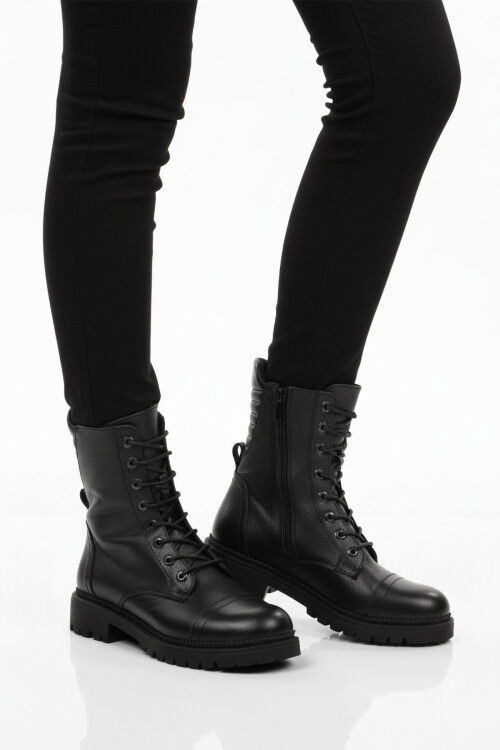 Siyah Hakiki Deri Polarlı Kaymaz Kadın Bot 52682-1 Z