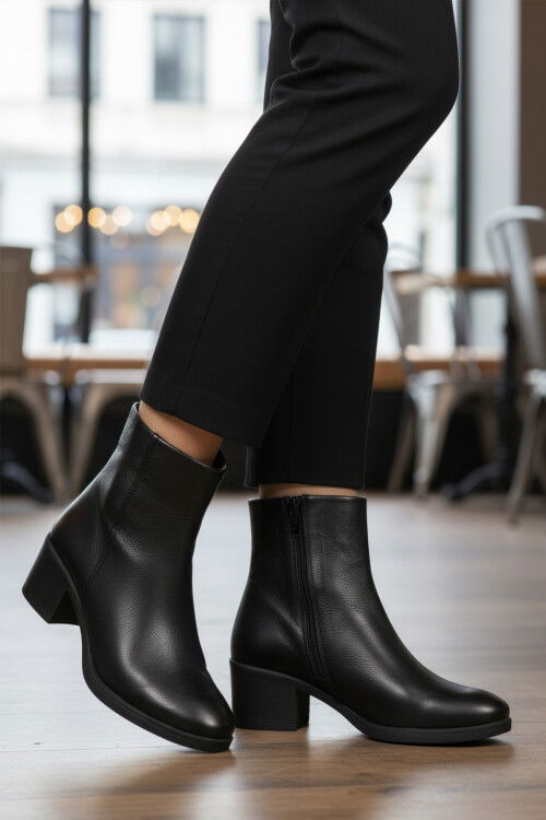 Siyah Hakiki Deri Fermuarlı Polarlı Kadın Bot 92162-1 Z