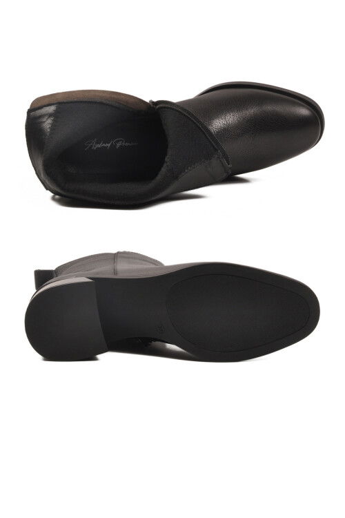 Siyah Hakiki Deri Polarlı Fermuarlı Kaymaz Kadın Topuklu Bot 9786-1 Z