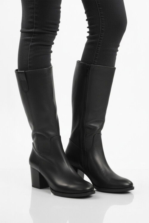 Siyah Hakiki Deri Fermuarlı Polarlı Kadın Çizme 86620-1 Z