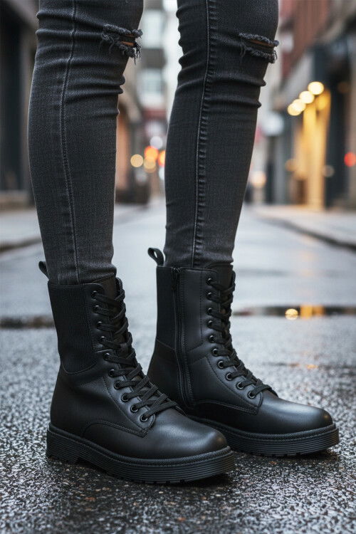 Black Polar Fleece Zippered Long Non-Slip Sole Womens Boots 23002 Z