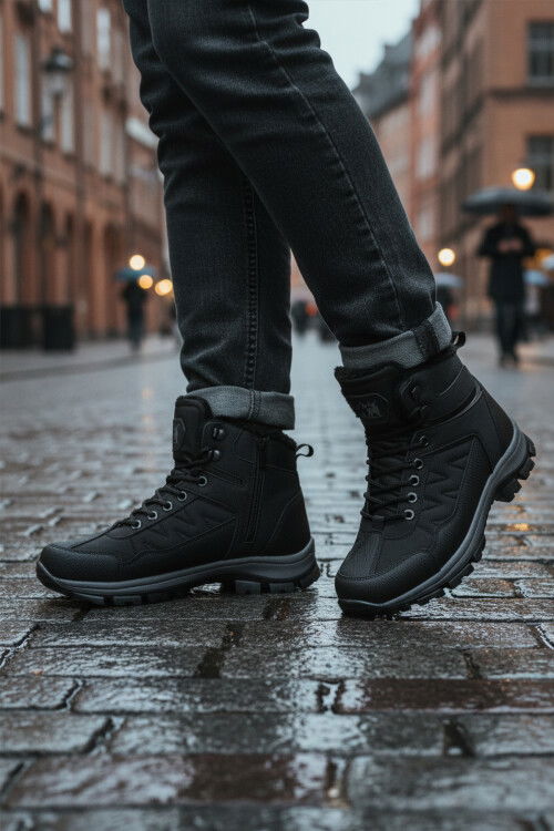 Siyah Kırışık İçi Kürklü Soğuğa Dirençli Kaymaz Taban Unisex Outdoor Bot 980 G
