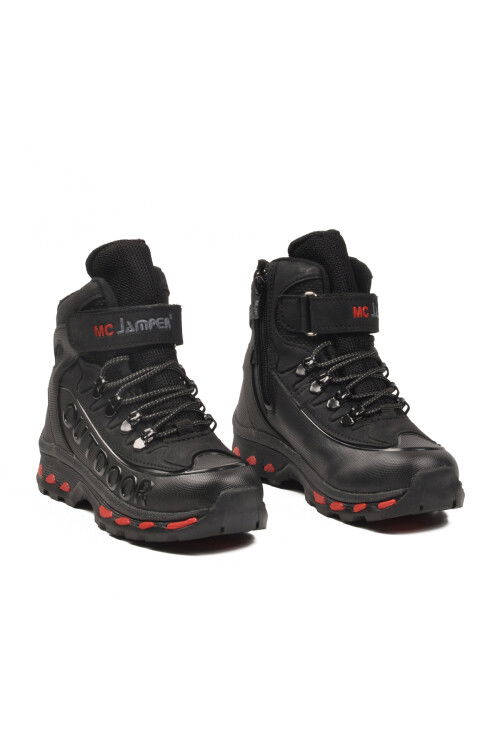 Siyah Kırmızı Polarlı Kaymaz Fermuarlı Unisex Outdoor Çocuk Bot 2115 F