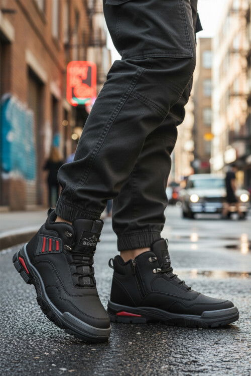 Siyah Kırmızı Kaymaz Taban Fermuarlı Unisex Outdoor Bot 444 G