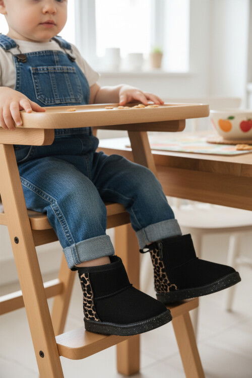 Siyah Leopar İçi Kürklü Fermuarlı Bebek Bot 1212 B