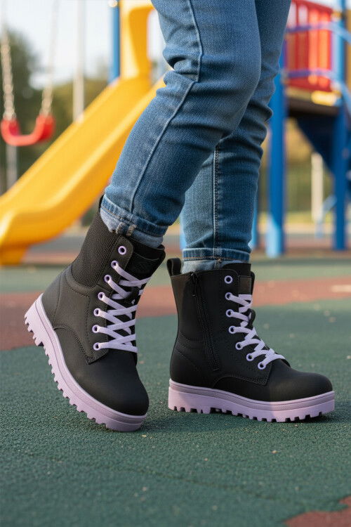 Siyah Lila İçi Polarlı Kaymaz Taban Kız Çocuk Bot 23002 F