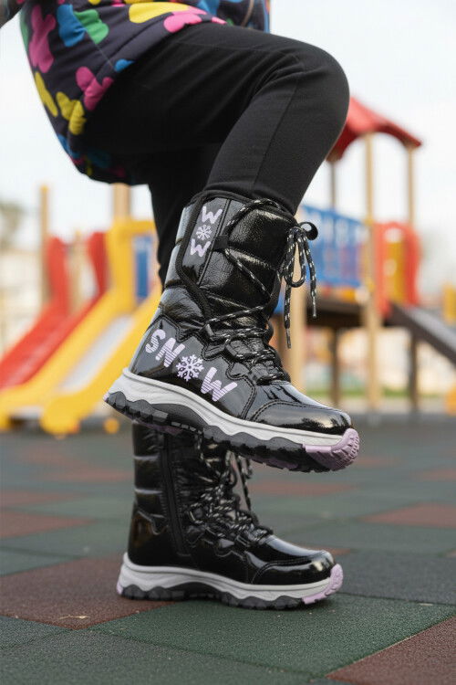 Siyah Lila Kaymaz Taban İçi Polarlı Kız Çocuk Kar Botu 24081 F