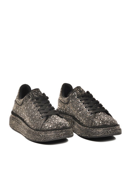 Siyah Platin Taş İşlemeli Bağcıklı Kadın Sneaker 989118-01 Z
