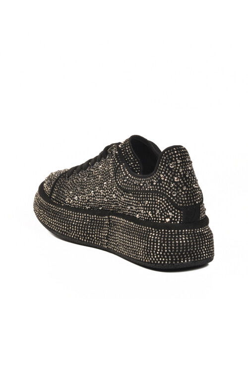 Siyah Platin Taş İşlemeli Bağcıklı Kadın Sneaker 989118-01 Z