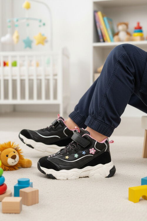 Siyah Cırtlı Desenli Kaymaz Taban Kız Çocuk Spor Ayakkabı Bella Uzun P