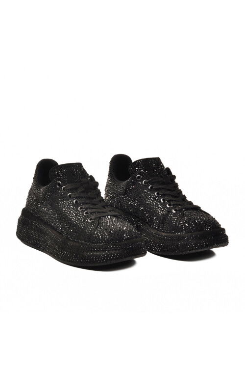 Siyah Taş İşlemeli Bağcıklı Kadın Sneaker 989118-01 Z