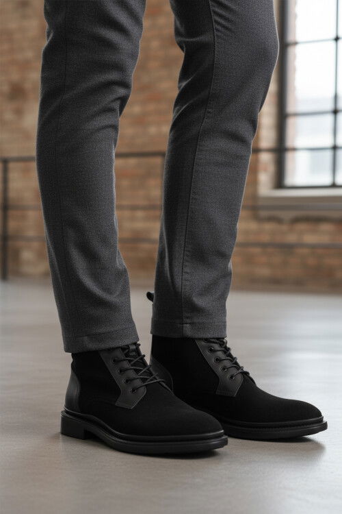 Siyah Süet Hakiki Deri Bağcıklı Erkek Bot Po 2439 M