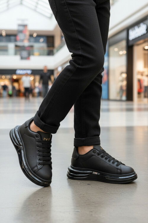 Siyah Bağcıklı Cilt Hafifi Unisex Sneaker 628 G