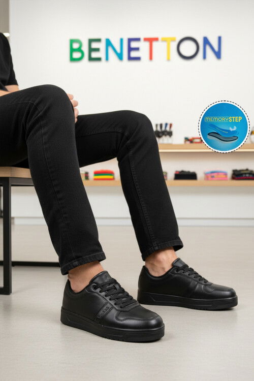 Siyah Bağcıklı Cilt Memory Foam Erkek Spor Ayakkabı BNI-12083 M