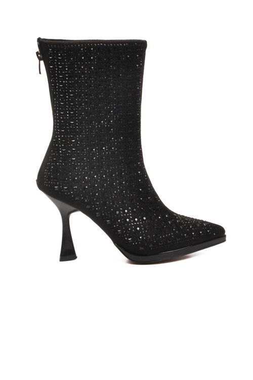 Siyah Taş İşlemeli İnce Topuklu İçi Kürklü Kadın Çizme 671131 Z