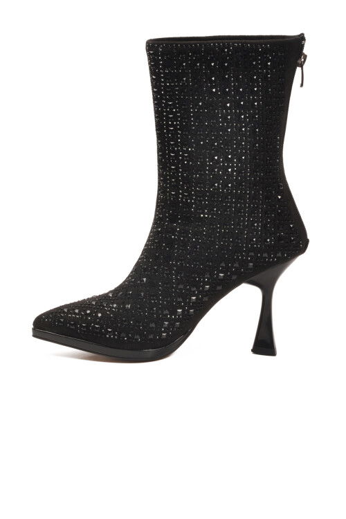 Siyah Taş İşlemeli İnce Topuklu İçi Kürklü Kadın Çizme 671131 Z