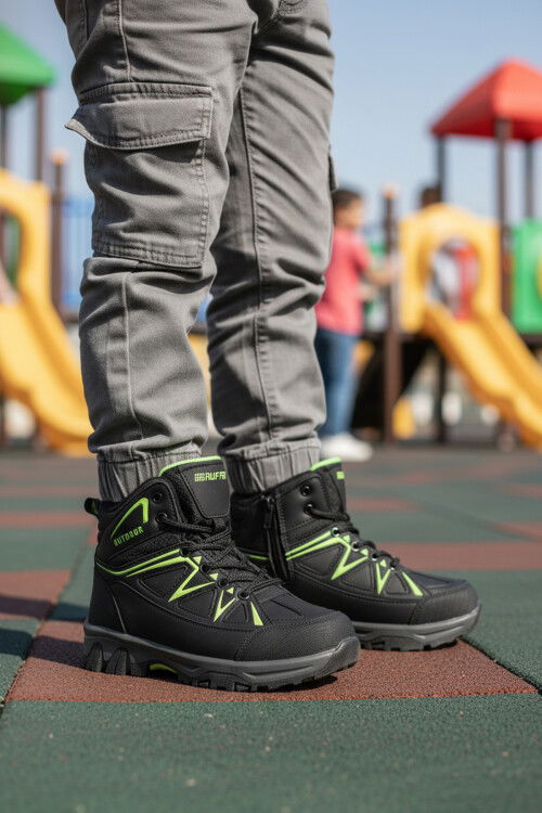 Siyah Yeşil Polarlı Kaymaz Unisex Çocuk Outdoor Bot 2301 F
