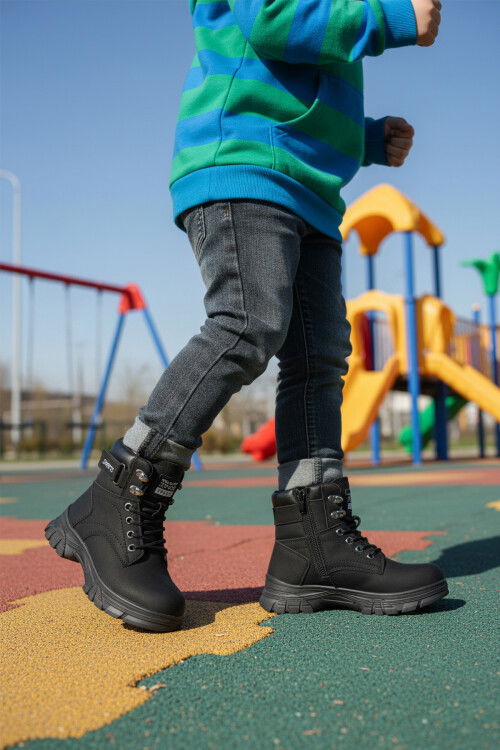 Siyah Zümrüt İçi Polarlı Kaymaz Taban Unisex Çocuk Bot 24035 F