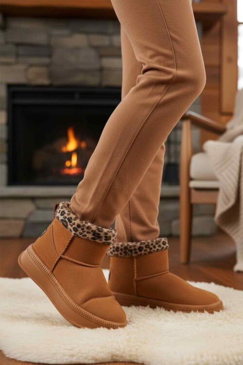 Taba Leopar Kürklü Soğuğa Dirençli Kaymaz Kadın Bot 25001 Z