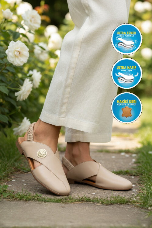 Bej Hakiki Deri Kadın Sandalet 604 Z