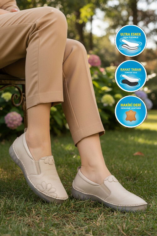 Premium Bej Hakiki Deri Anatomik Kadın Casual Ayakkabı 44404 Z