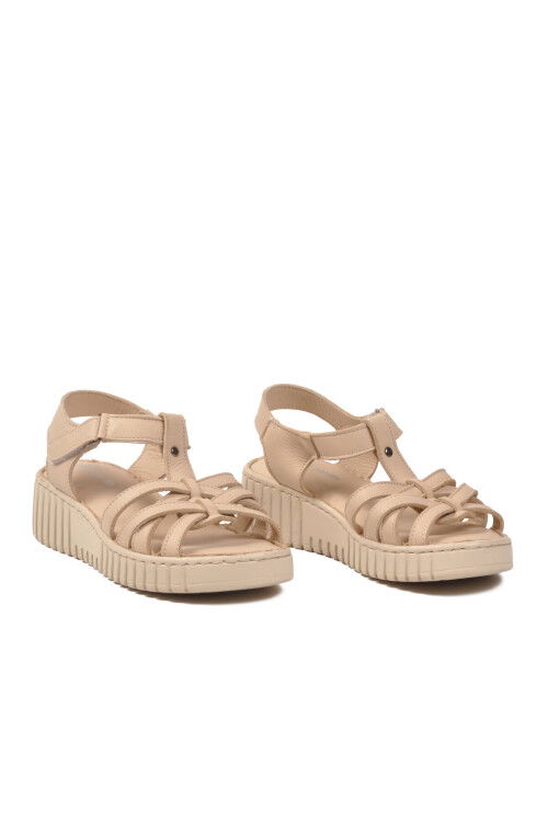 Bej Hakiki Deri Cırtlı Kadın Günlük Topuklu Sandalet PC-54787 Z