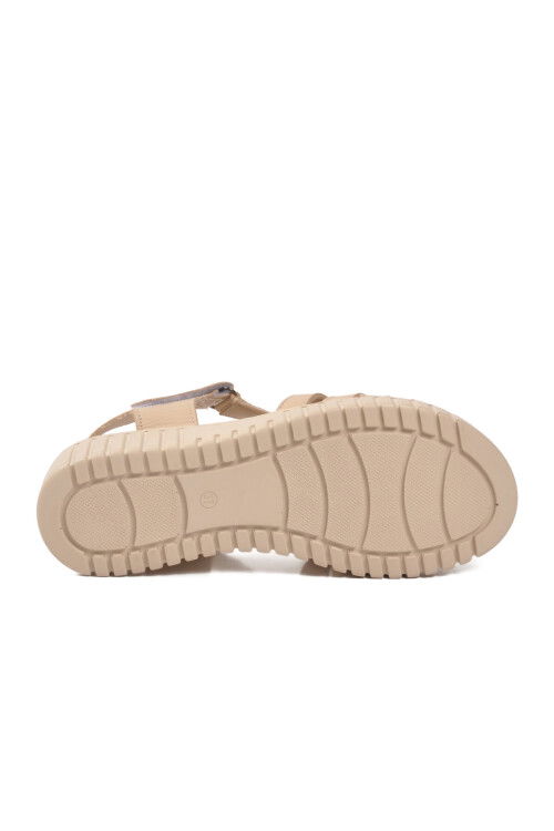 Bej Hakiki Deri Cırtlı Kadın Günlük Topuklu Sandalet PC-54787 Z