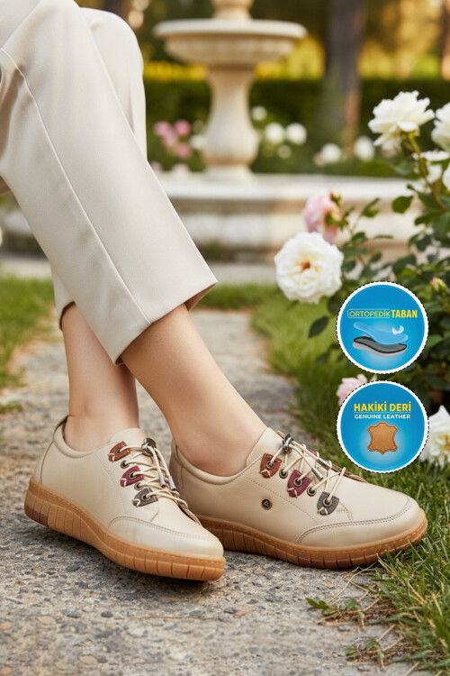 Beige Genuine Leather Orthopedic Womens Casual Shoes 401 Z