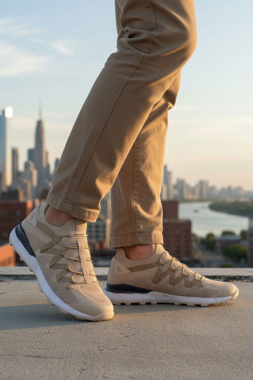 Bej Fileli Hafif Esnek Bağcıklı Erkek Spor Ayakkabı Bst-650 M