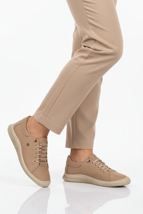 Bej Nubuk Hakiki Deri Ortopedik Kadın Casual Ayakkabı 5605 Z