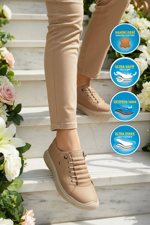 Bej Nubuk Hakiki Deri Ortopedik Kadın Casual Ayakkabı 5605 Z