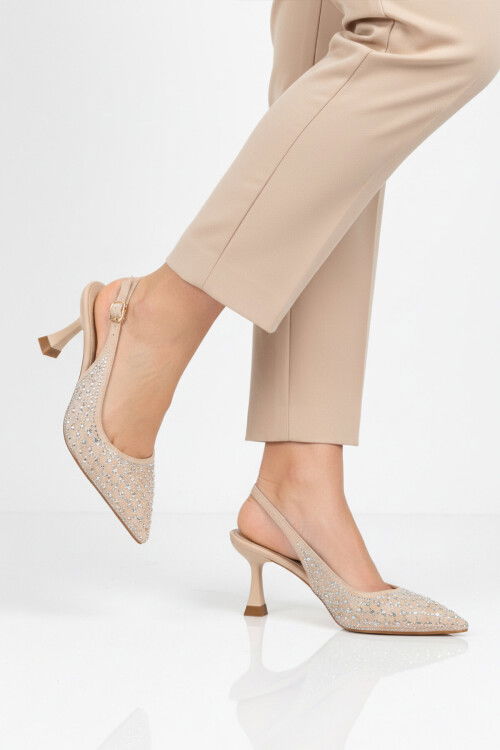 Bej Taş İşlemeli Kadın İnce Topuklu Abiye Ayakkabı 417654 Z