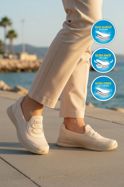Bej Fileli Hafif Esnek Kolay Giyilebilir Kadın Casual Ayakkabı 575 G