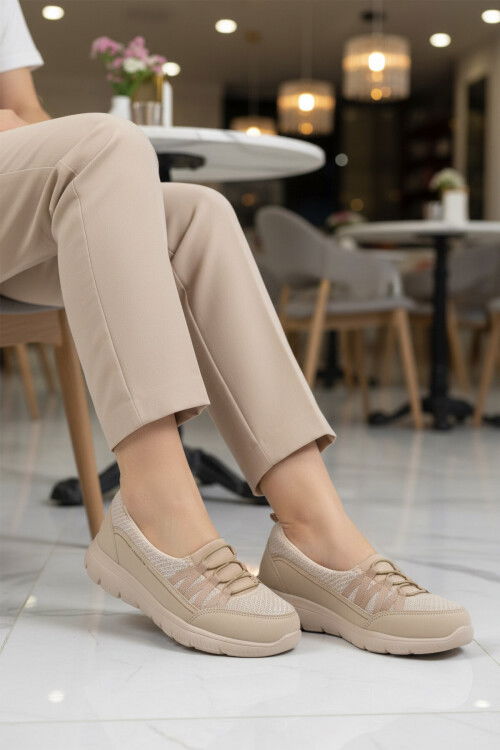 Bej Fileli Hafif Esnek Kadın Günlük Yürüyüş ve Spor Ayakkabı Bst-1009 G