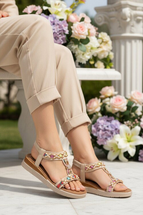 Bej İşlemeli Hafif Kadın Sandalet 358170 Z