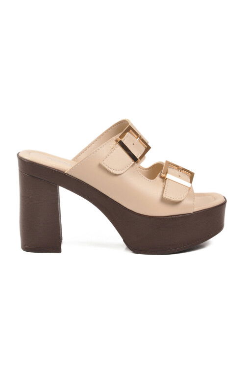 Bej Çift Bantlı Kadın Topuklu Terlik 322221 Z