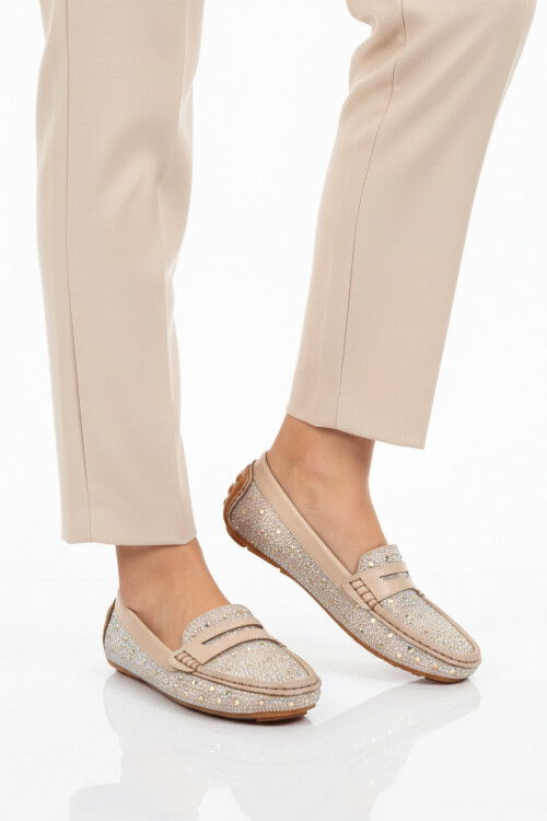 Bej Geniş Kalıp Taş İşlemeli Hafif Esnek Kadın Babet 302122 Z