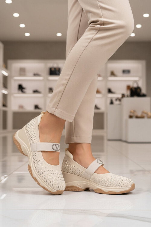 Bej Anorak Bantlı Taş İşlemeli Kadın Casual Ayakkabı 26Y305 G