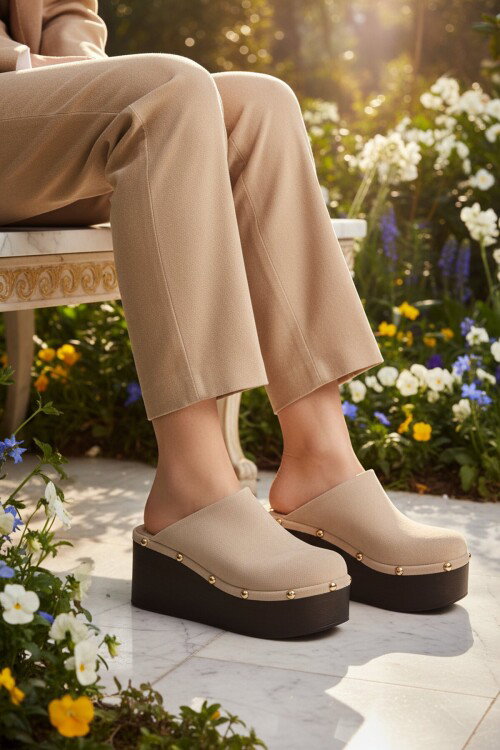 Bej Yüksek Taban Önü Kapalı Kadın Topuklu Terlik 322220 Z