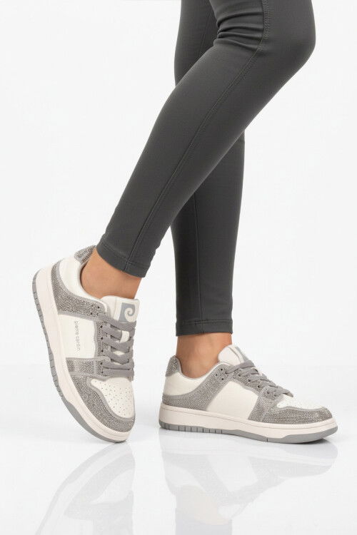 Beyaz Füme Bağcıklı Taş İşlemeli Hafif Kadın Sneaker PCI-11505 G
