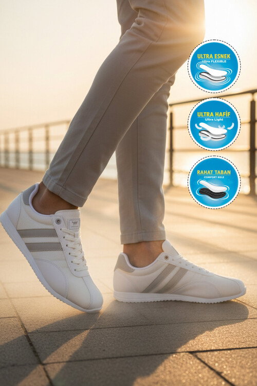 Beyaz Gümüş Bağcıklı Hafif Erkek Spor Ayakkabı 2001 Tares M