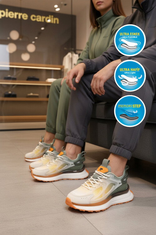 Beyaz Haki Fileli Hafif Esnek Hafızalı Taban Unisex Spor Ayakkabı PCI-10106 G