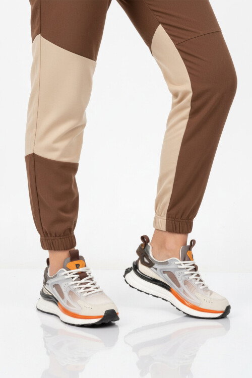 Beyaz Kahve Fileli Hafif Esnek Hafızalı Taban Unisex Spor Ayakkabı PCI-10106 G