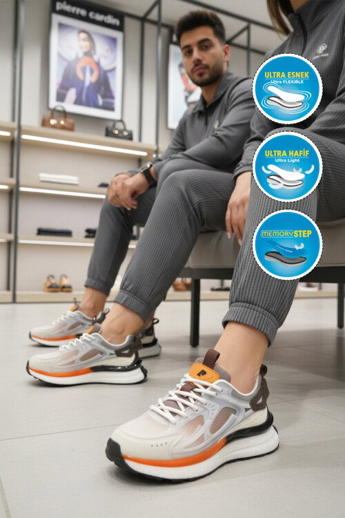 Beyaz Kahve Fileli Hafif Esnek Hafızalı Taban Unisex Spor Ayakkabı PCI-10106 G